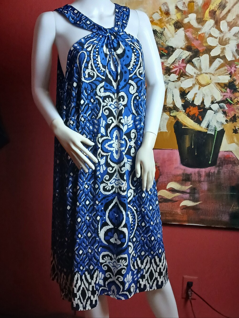 Blue Halter Tie-Neck Printed Women's Dress